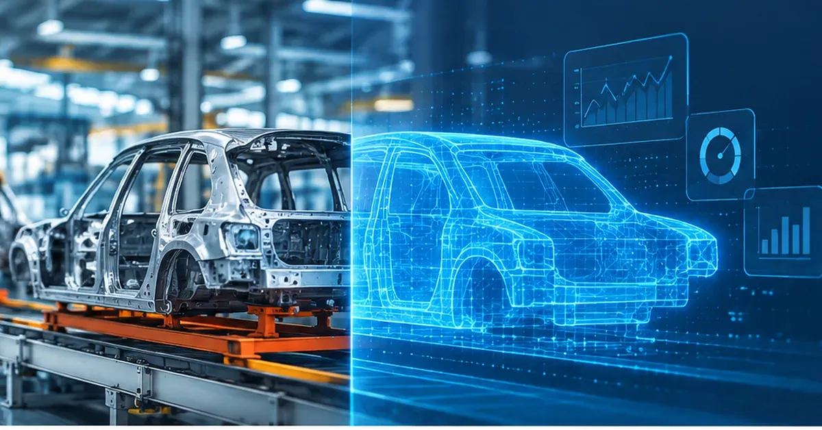 A vehicle body on the production line alongside its live digital twin, fed by sensor data and dashboards