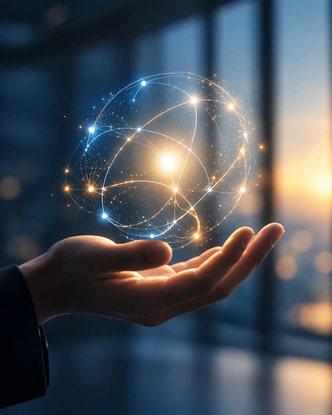 Glowing network of light held above an open hand