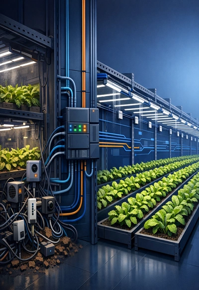 Smart agriculture setup with IoT sensors and automated lighting systems